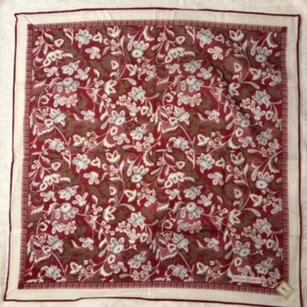 Vtg YVES SAINT LAURENT Scarf Handkerchief Floral Cotton Burgundy Red 18